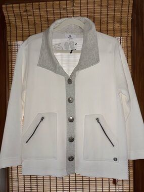 ITS SIMPLI ZEN Boutique White & Light Gray Button-Front Women's Jacket Sz M $117